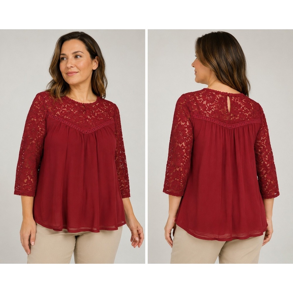 As U Wish Women's Small Burgundy Lace Chiffon Blouse‎ 3/4 Sleeve Boho Dressy Top